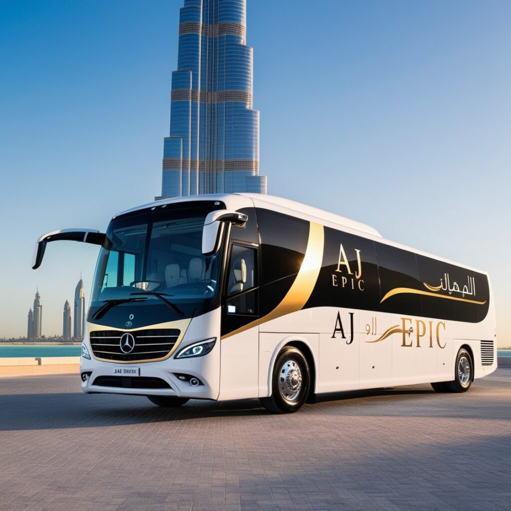 AJ EPIC luxury bus on a scenic Dubai road.