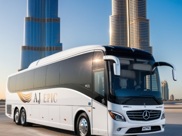 Luxury bus parked in front of Burj Khalifa in Dubai.