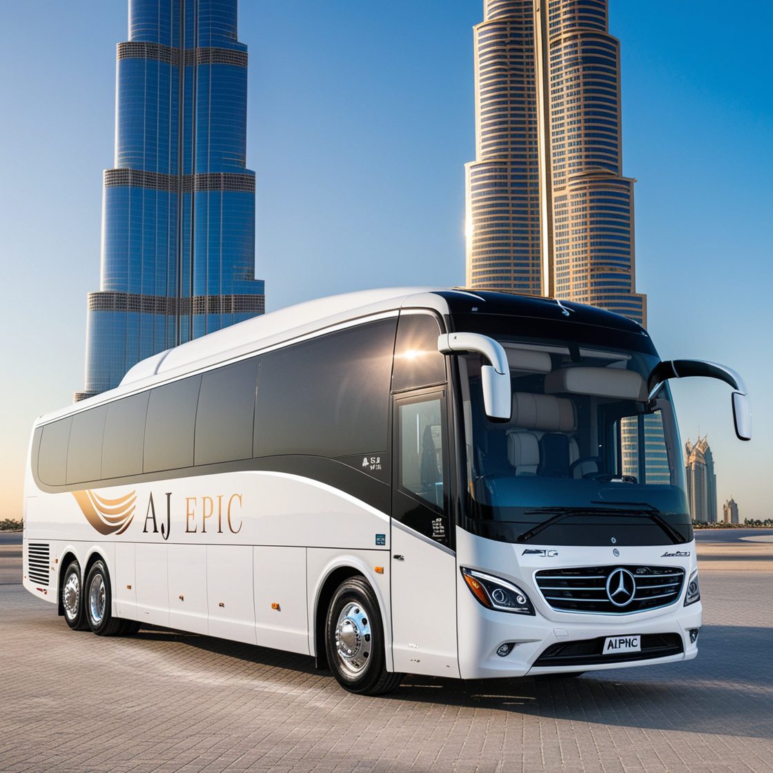 Luxury bus parked in front of Burj Khalifa in Dubai.