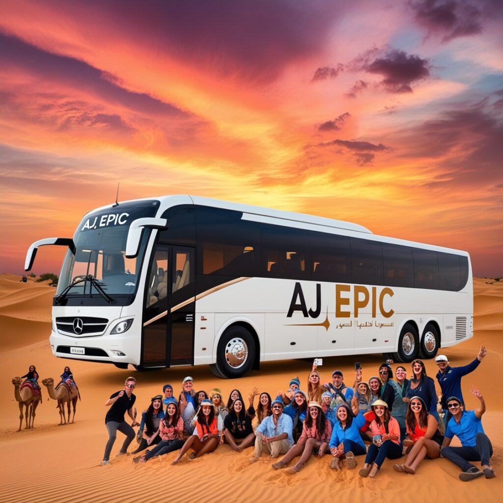 "Vibrant sunset over the Dubai desert with the AJ EPIC bus in the foreground."