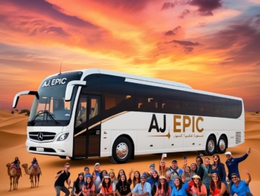 "Vibrant sunset over the Dubai desert with the AJ EPIC bus in the foreground."