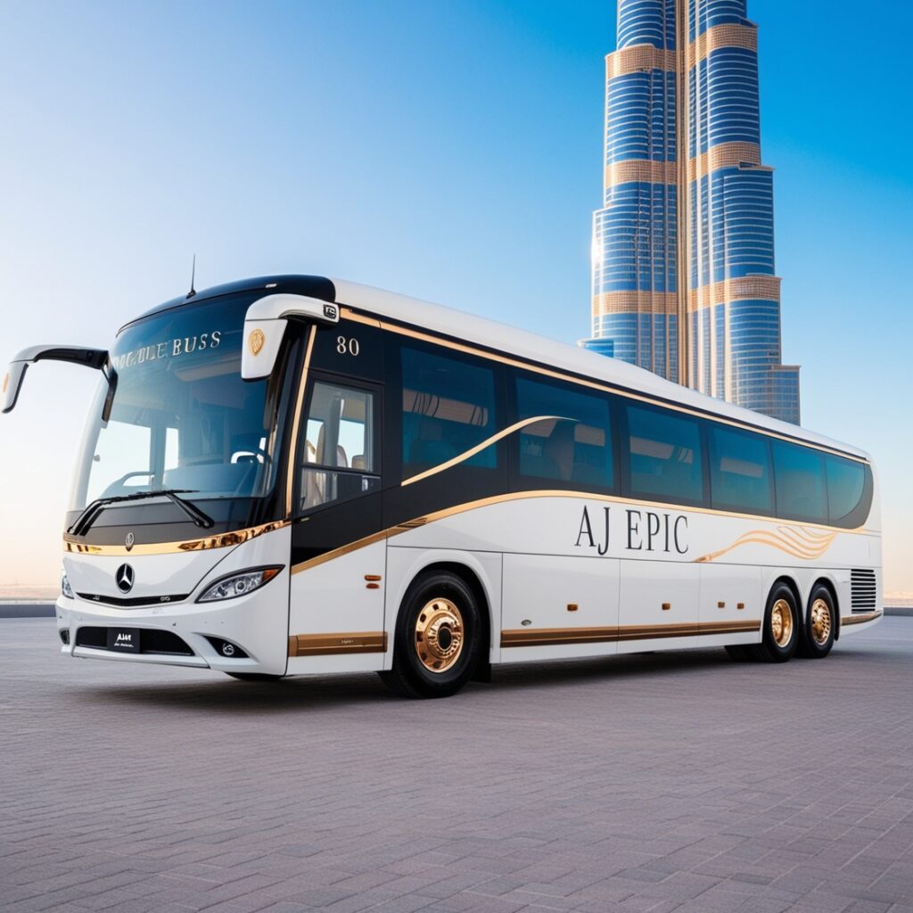 Interior of a luxury bus featuring modern amenities and spacious seating.