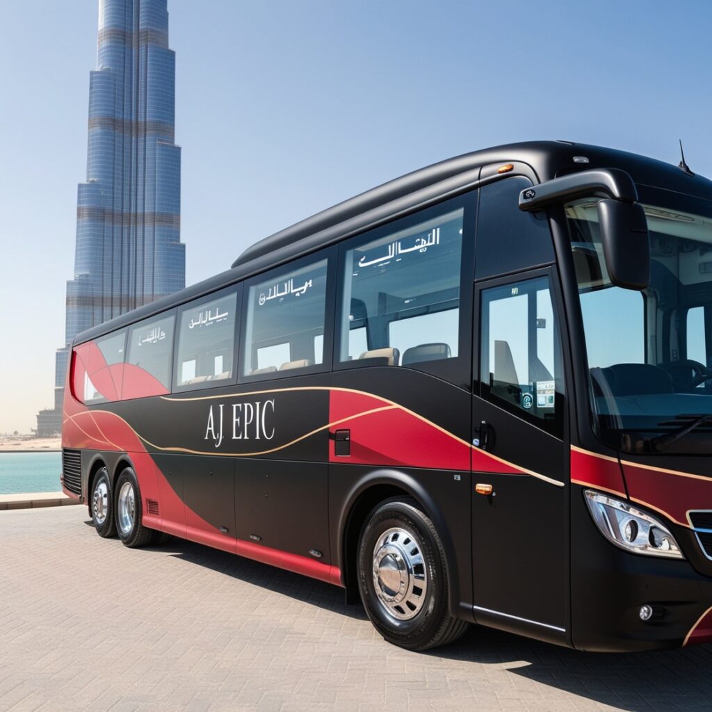 Image of a luxurious white Mercedes bus with "AJ EPIC" branding parked in front of the Burj Khalifa.