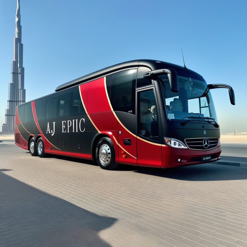 Daytime view of a Mercedes bus showcasing "AJ EPIC" branding near the iconic Burj Khalifa in Dubai.