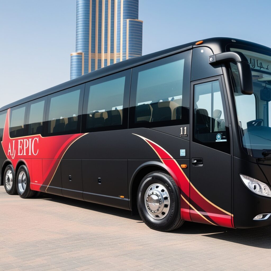 Elegant white bus with prominent branding against the backdrop of the Burj Khalifa on a sunny day.
