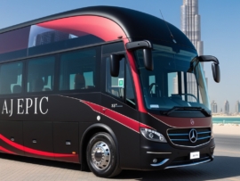Stylish white Mercedes bus featuring "AJ EPIC" branding parked under the clear blue sky near Burj Khalifa.