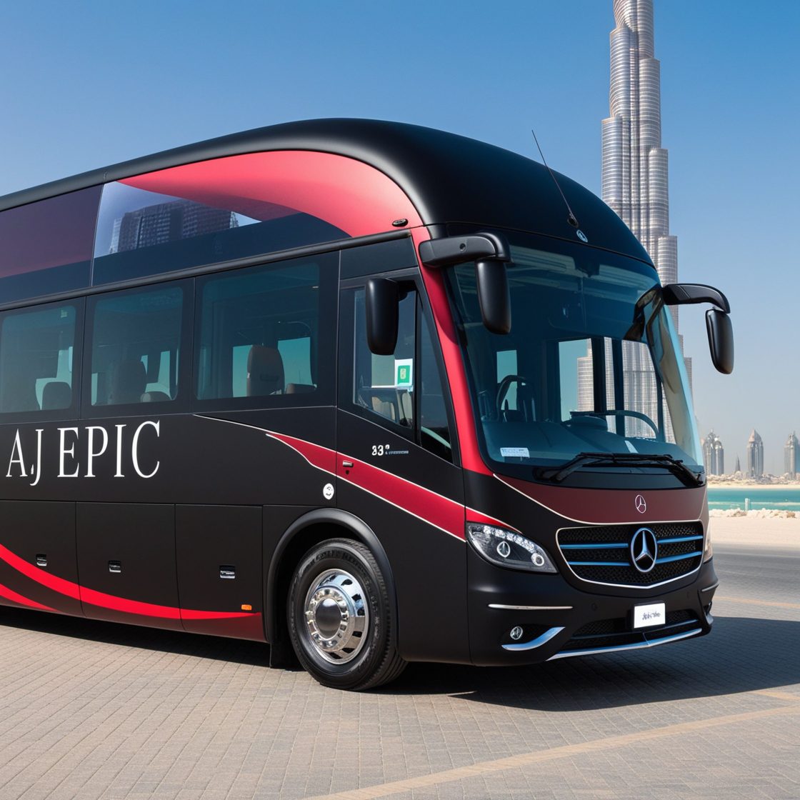 Stylish white Mercedes bus featuring "AJ EPIC" branding parked under the clear blue sky near Burj Khalifa.