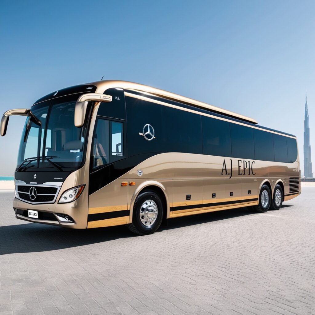 AJ EPIC branded bus picking up a corporate team for an event in Dubai.