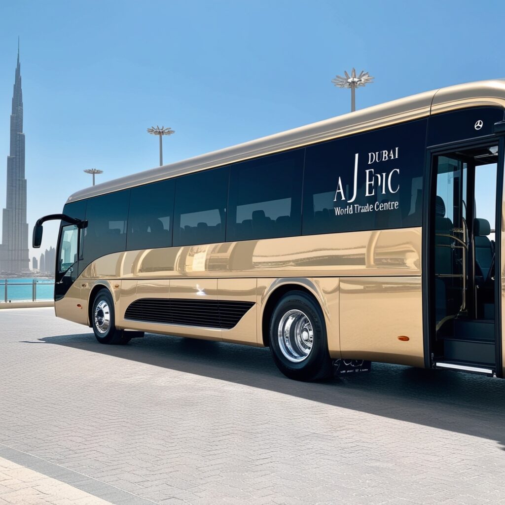 Interior of luxury bus with business professionals preparing for a corporate event.
