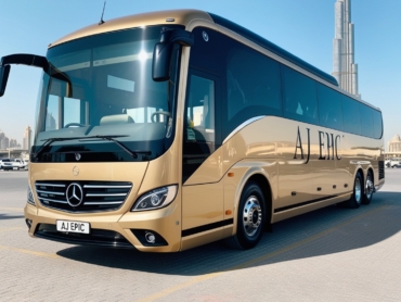 Group of business executives boarding a luxury bus in Dubai for a conference.