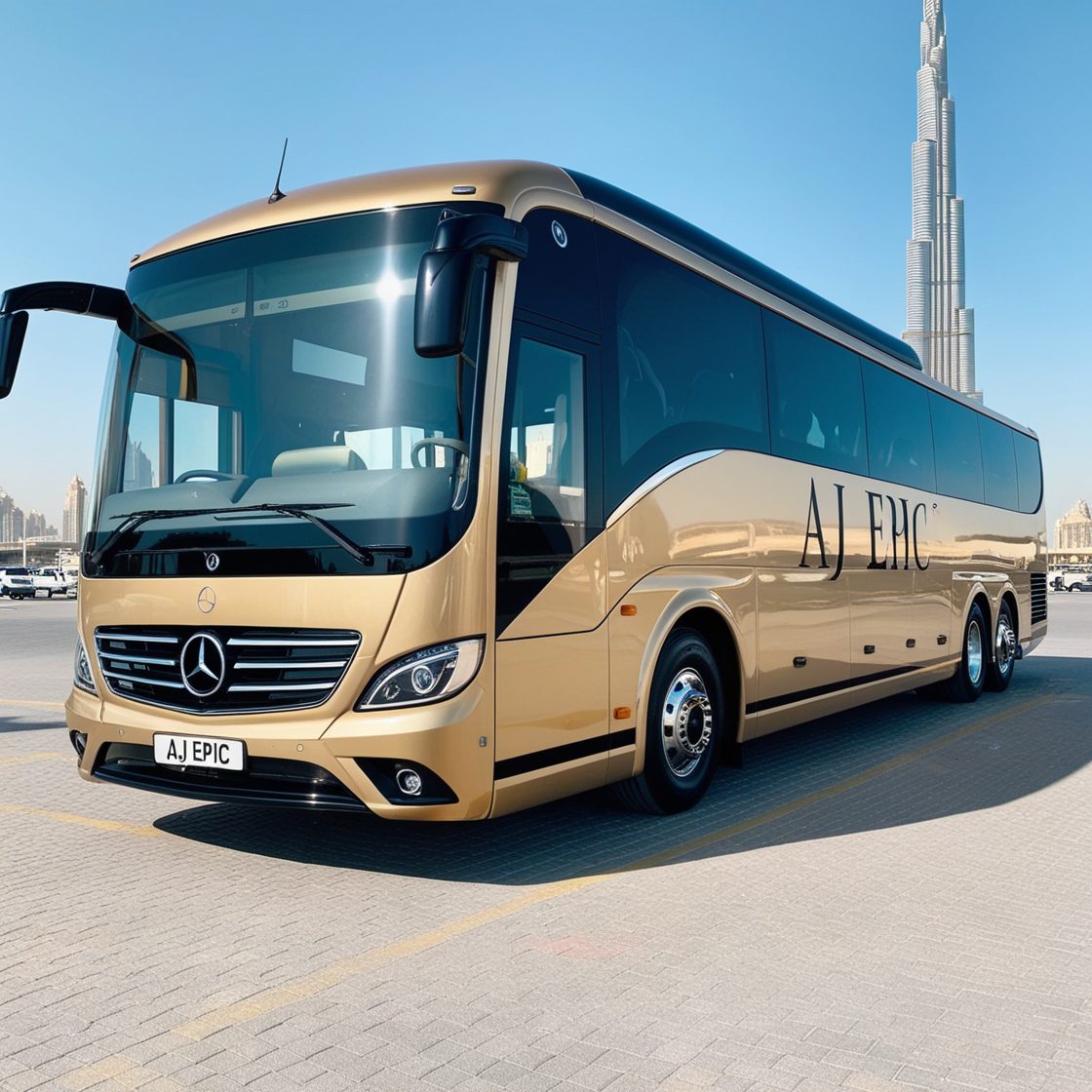 Group of business executives boarding a luxury bus in Dubai for a conference.