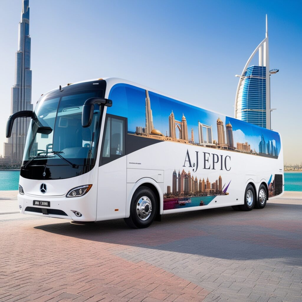 Luxury bus parked outside a lavish wedding venue in Dubai.