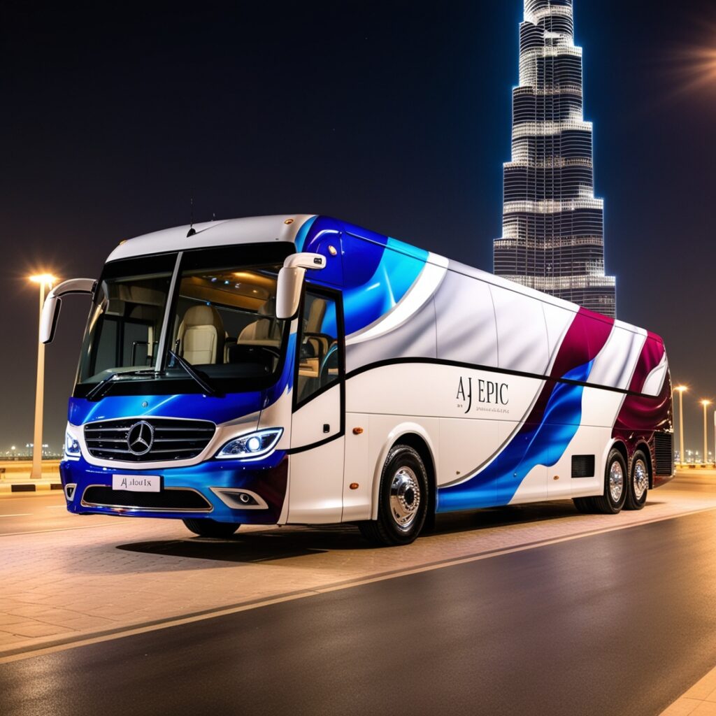 Luxury bus interior designed for corporate events with plush seating and amenities.