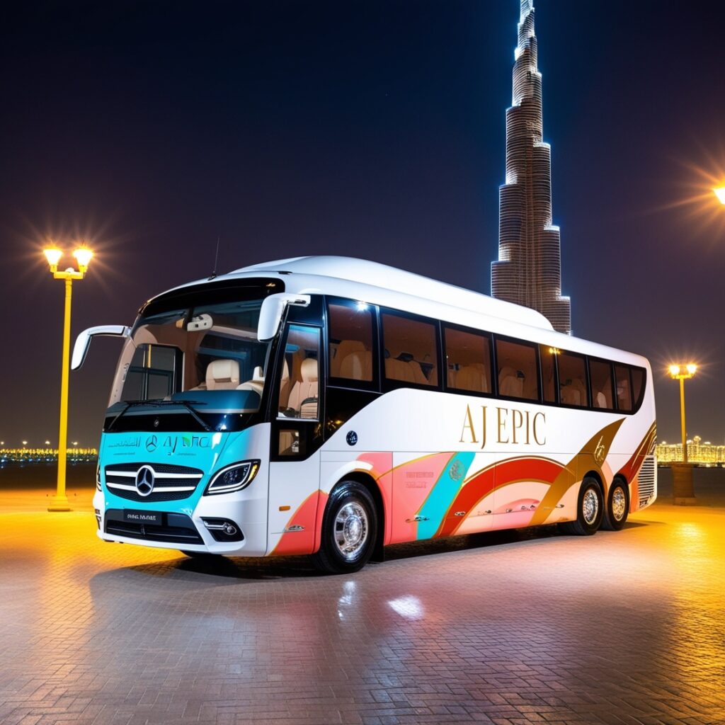 Interior of a luxurious bus showcasing comfortable seating and modern amenities.