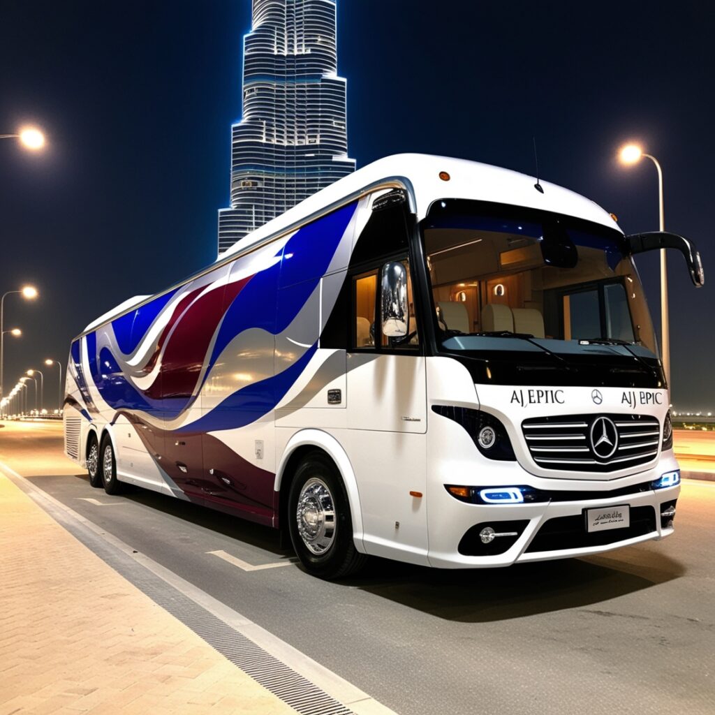 Corporate group traveling together in a luxury bus in Dubai.