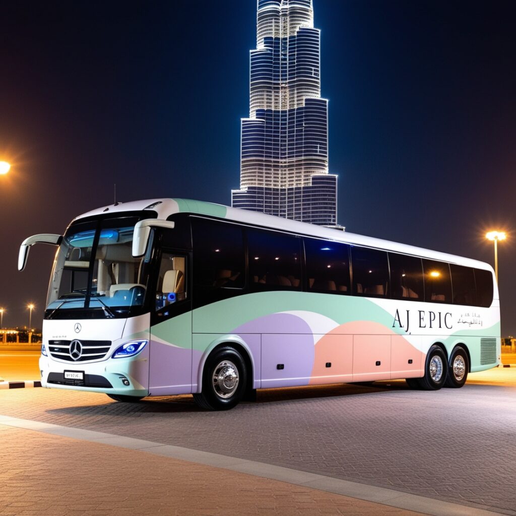 Group of friends enjoying a ride in a luxury bus while exploring Dubai.