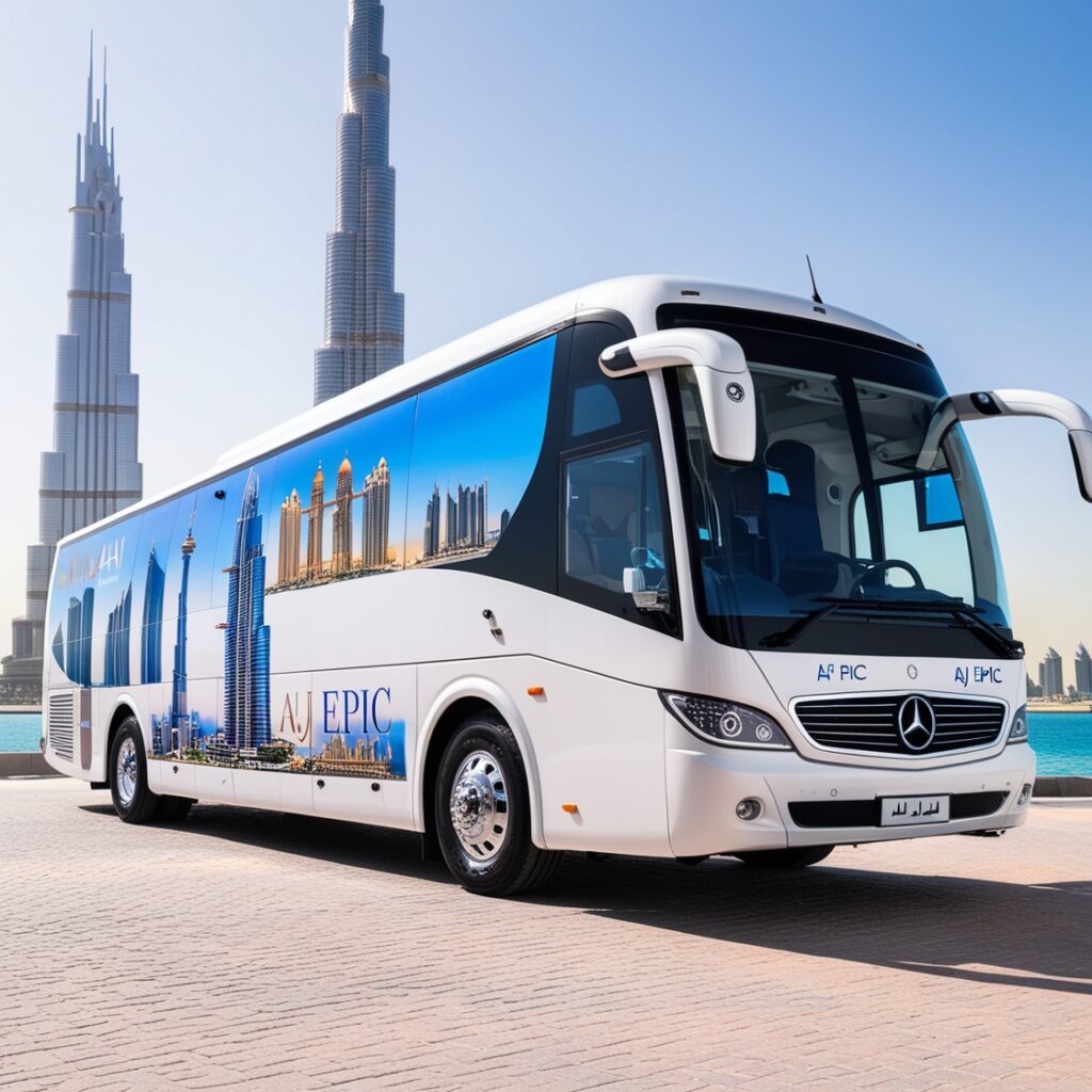 Interior view of a luxury bus showcasing comfortable seating and entertainment options.