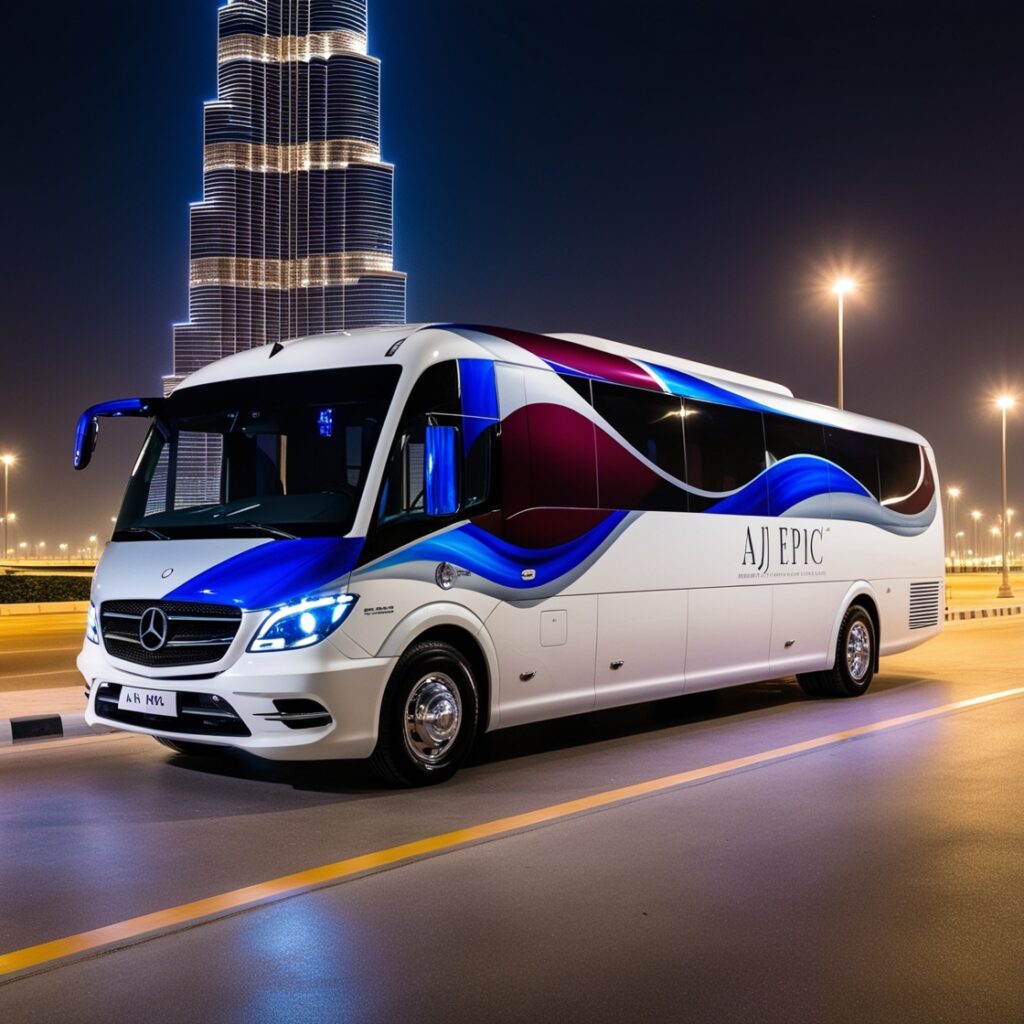 A luxurious Mercedes bus parked outside a corporate venue in Dubai.