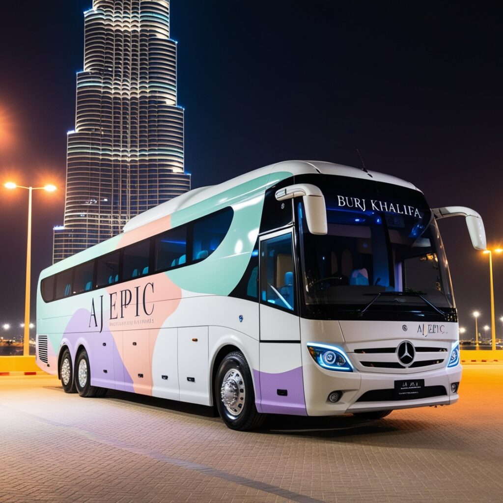 A luxurious Mercedes bus parked near the Burj Khalifa, showcasing Dubai's skyline.