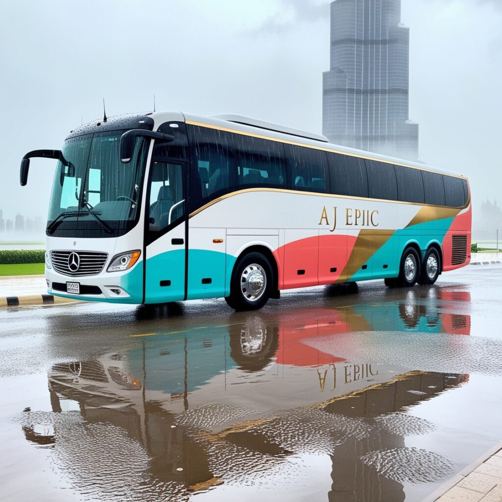 An elegant rental bus parked at a venue, decorated for a wedding or corporate event.