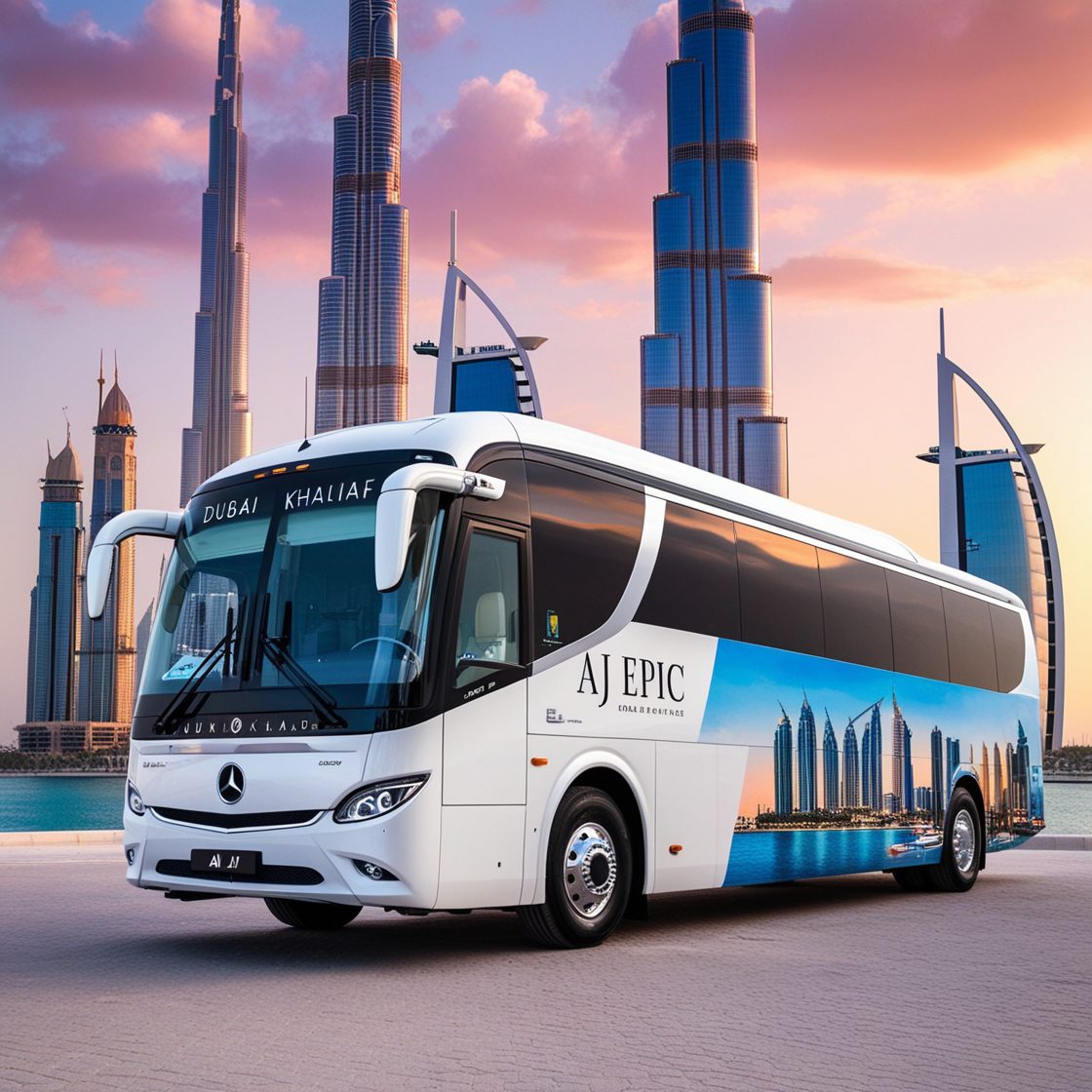 Luxury bus on a scenic route near Dubai Marina, highlighting the city’s skyline.