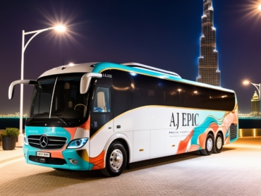 Exterior view of a luxury bus parked in a scenic location, ready for group travel.