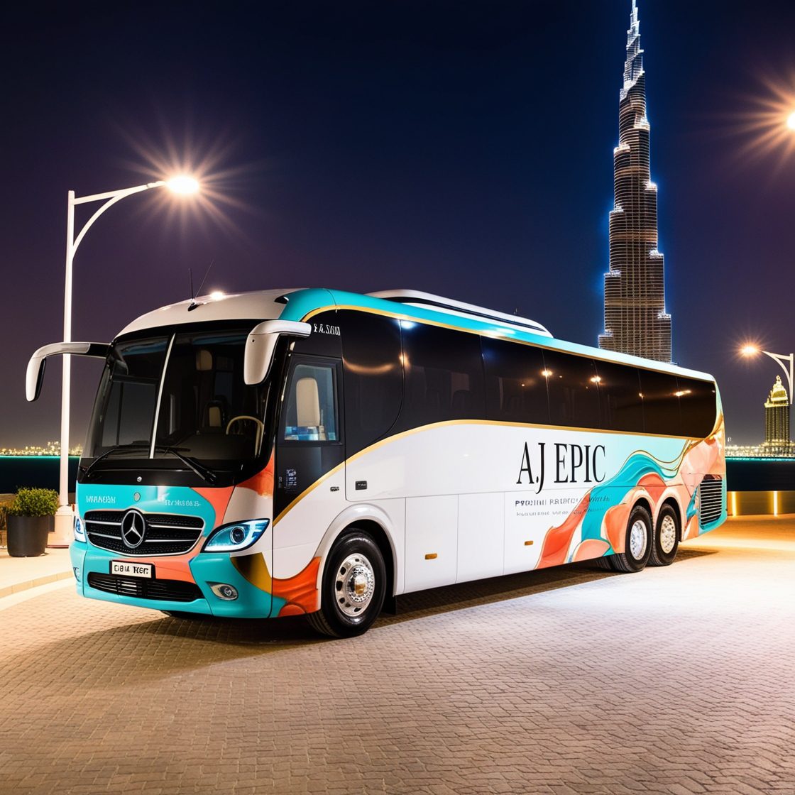 Exterior view of a luxury bus parked in a scenic location, ready for group travel.