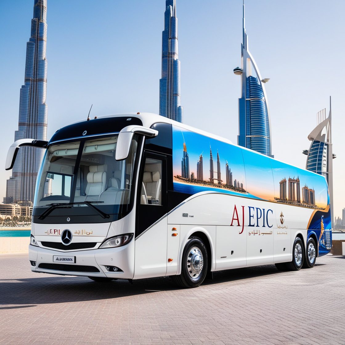 Luxury bus on a scenic route through the vibrant streets of Dubai.