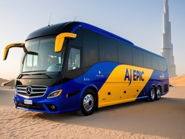 AJ EPIC luxury bus parked near a desert campsite with family members stepping out.