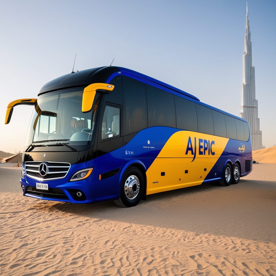 AJ EPIC luxury bus parked near a desert campsite with family members stepping out.