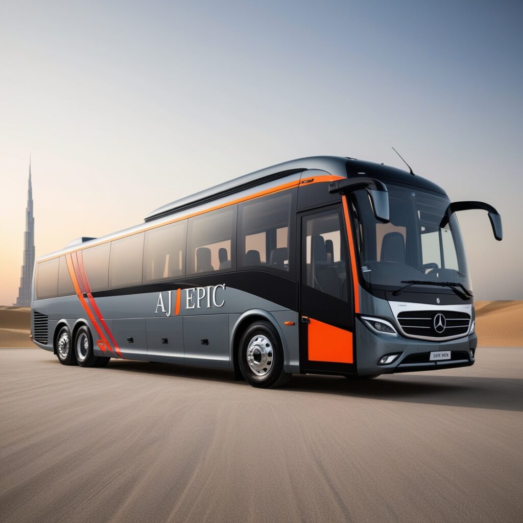 Luxury Mercedes bus with sleek grey and orange accents parked near Dubai Marina.