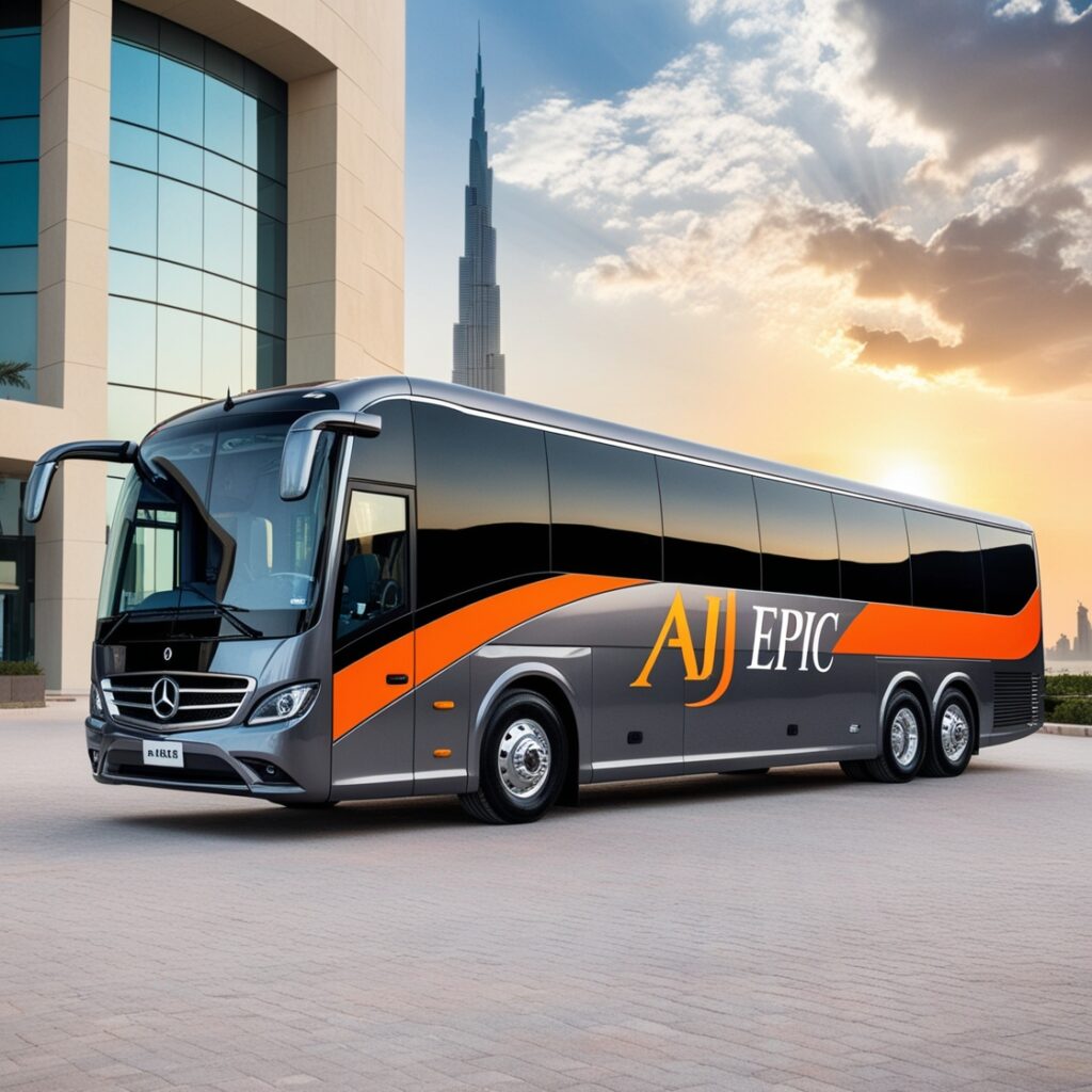 Luxury Mercedes bus parked in front of a corporate building in Dubai.