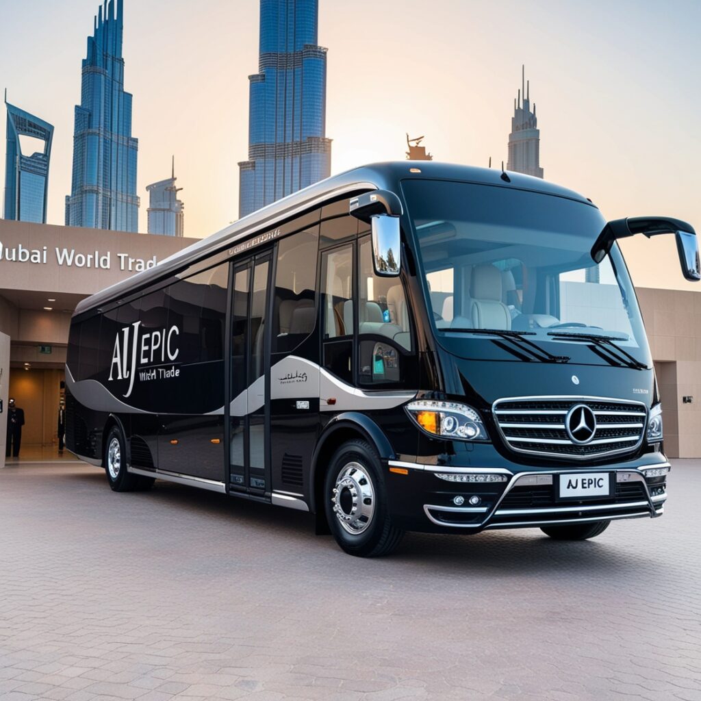 Luxury Mercedes bus with a sleek black exterior parked at a corporate event venue in Dubai.