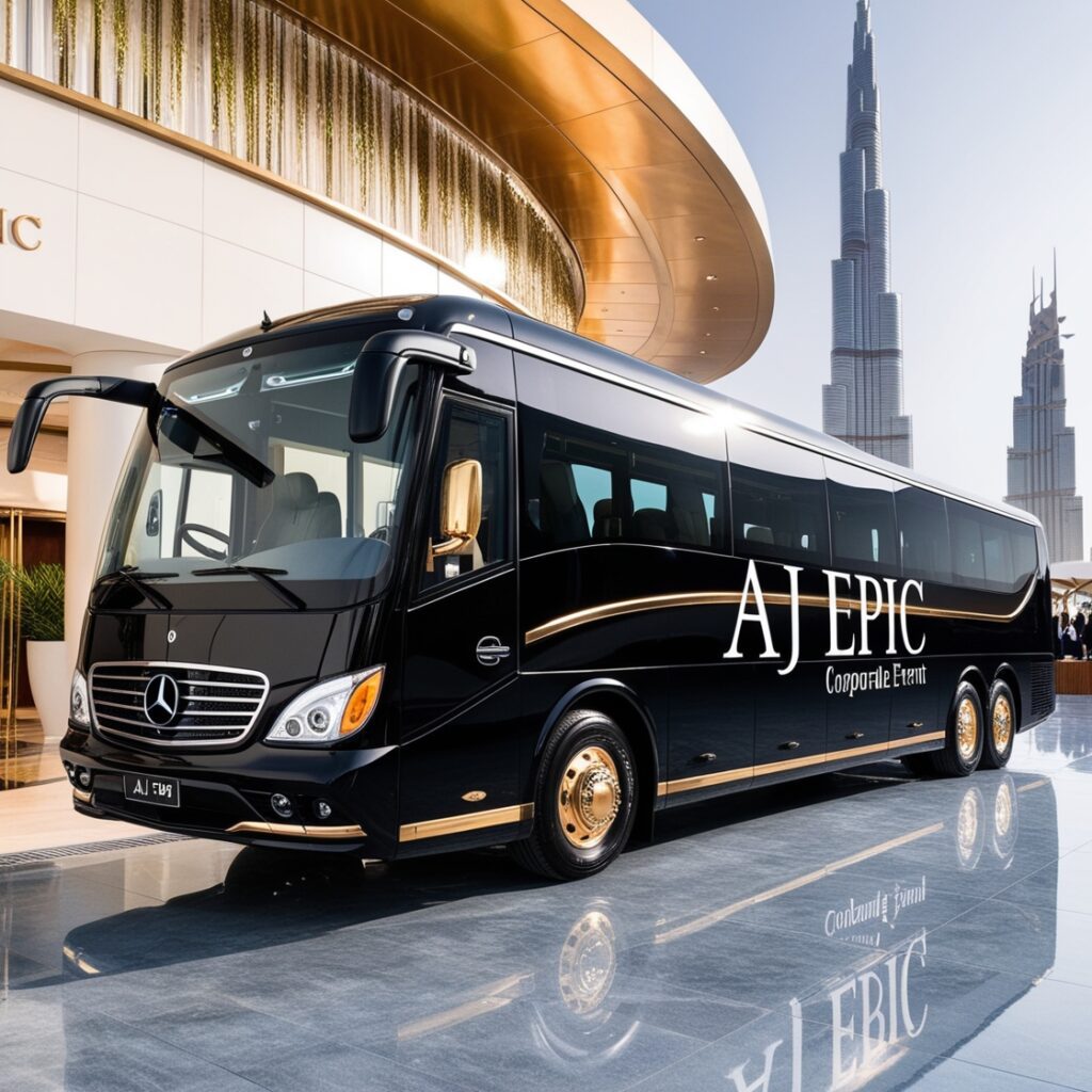Luxury bus parked outside a corporate event venue in Dubai.