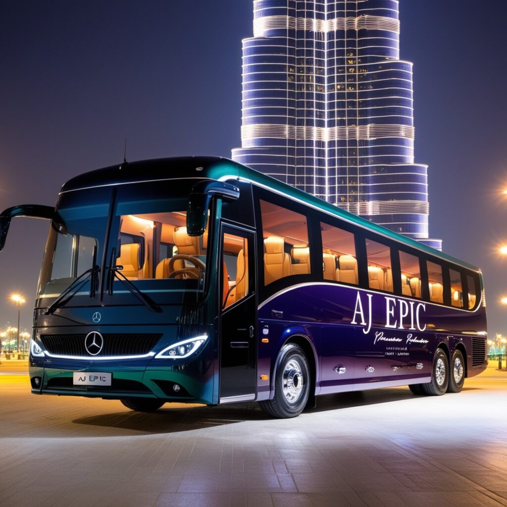 Luxurious Mercedes bus parked in Dubai with AJ EPIC branding, showcasing a stunning view of the city.