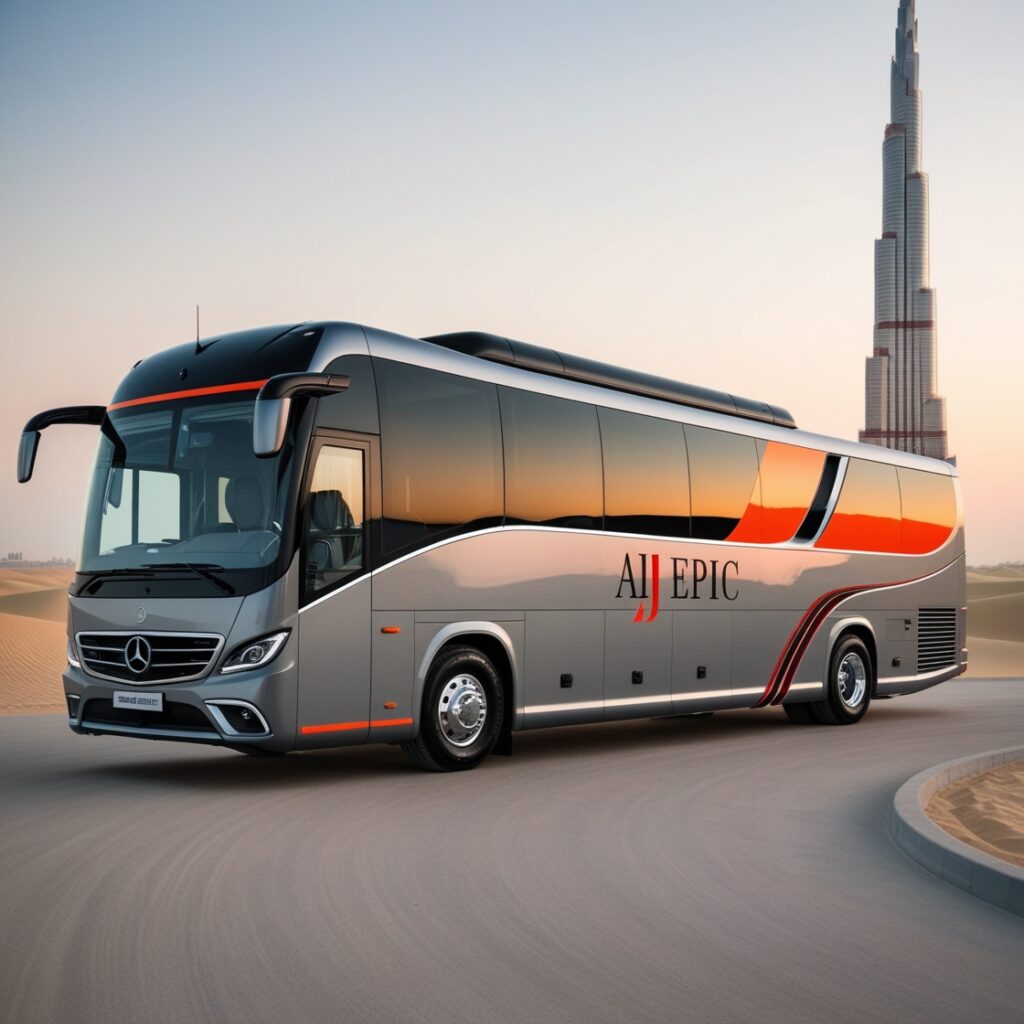 Interior of luxury bus for a group tour in Dubai.