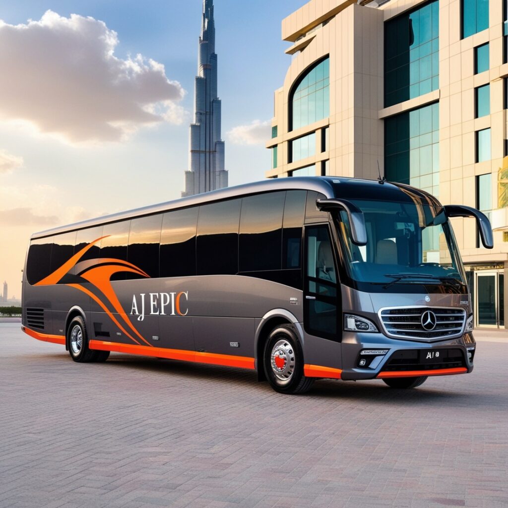 Interior view of a luxurious bus featuring comfortable seating and amenities.