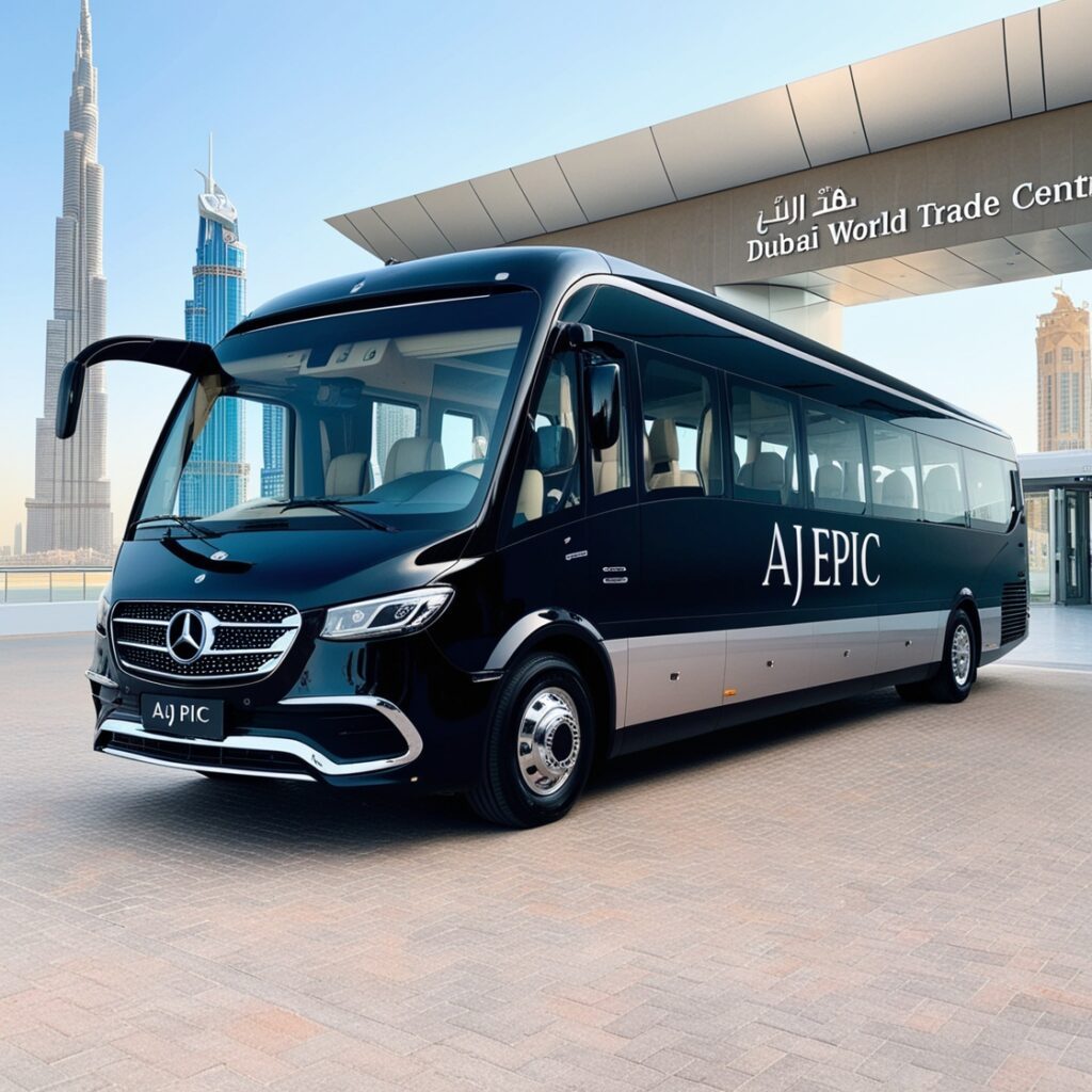 Group of professionals boarding a luxury bus for a corporate event.