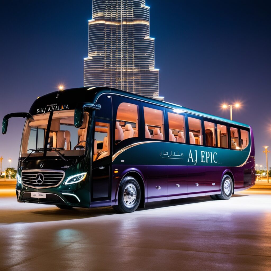 Luxurious Mercedes bus parked in Dubai with AJ EPIC branding, showcasing a stunning view of the city.