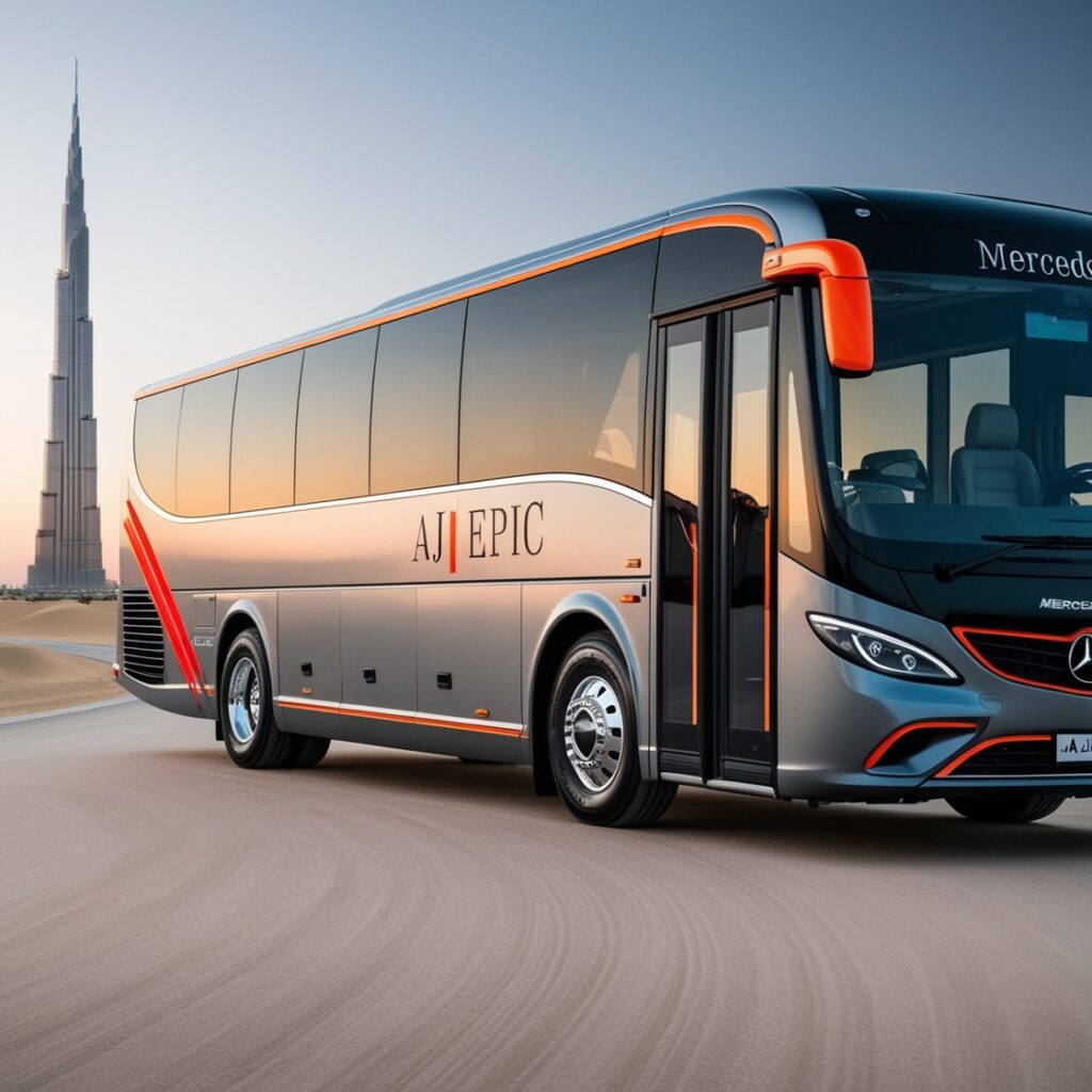 AJ EPIC luxury bus parked with Burj Khalifa in the background.