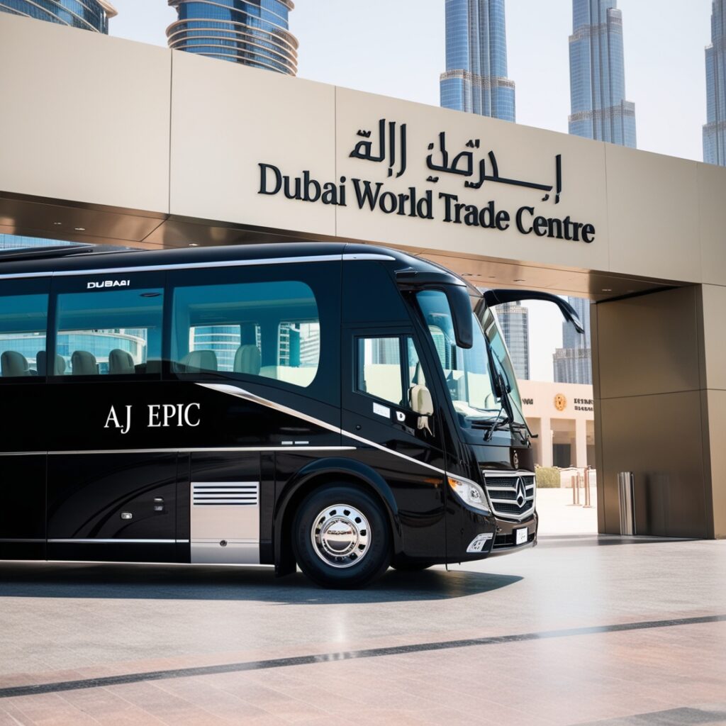 Interior of a luxury bus with modern amenities during a corporate event transfer.