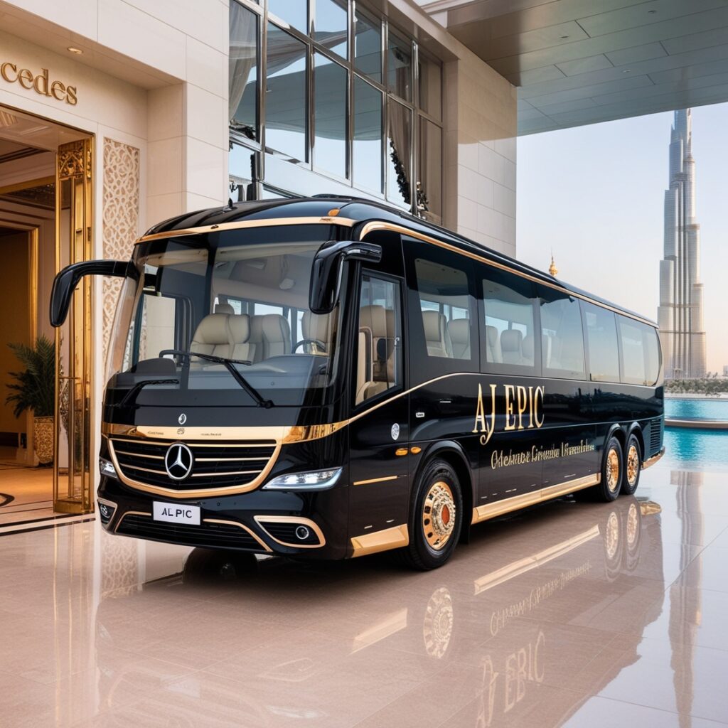 Interior of a luxury bus equipped with amenities for corporate travel.