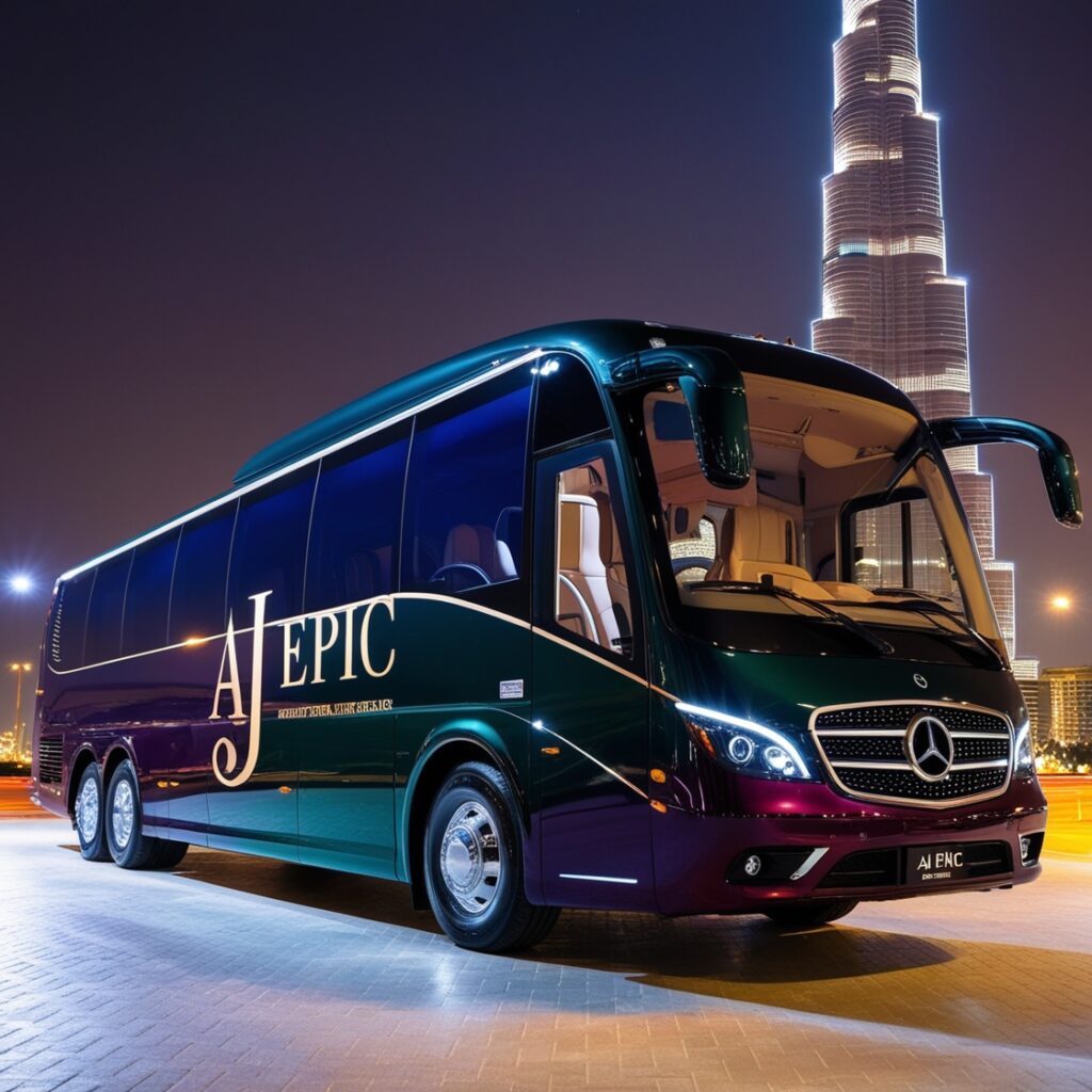 Luxurious Mercedes bus parked in Dubai with AJ EPIC branding, showcasing a stunning view of the city.