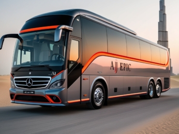 Group of tourists boarding a luxury bus for a desert safari in Dubai.