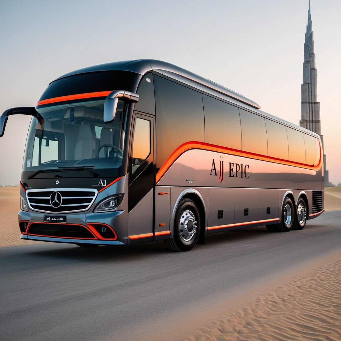 Group of tourists boarding a luxury bus for a desert safari in Dubai.