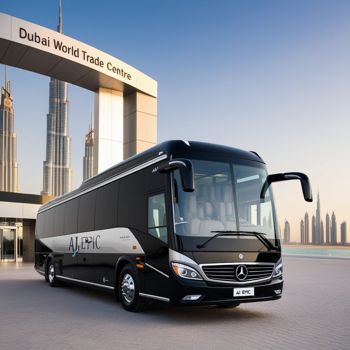 Scenic view of the Dubai skyline from a luxury bus during a corporate tour.