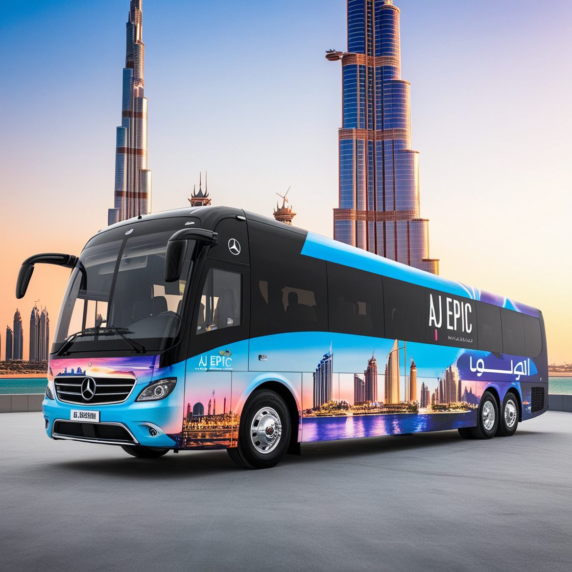Luxury bus in the desert, showcasing the beauty of Dubai’s landscape.