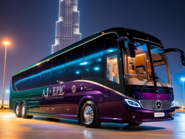 Luxurious Mercedes bus parked in Dubai with AJ EPIC branding, showcasing a stunning view of the city.
