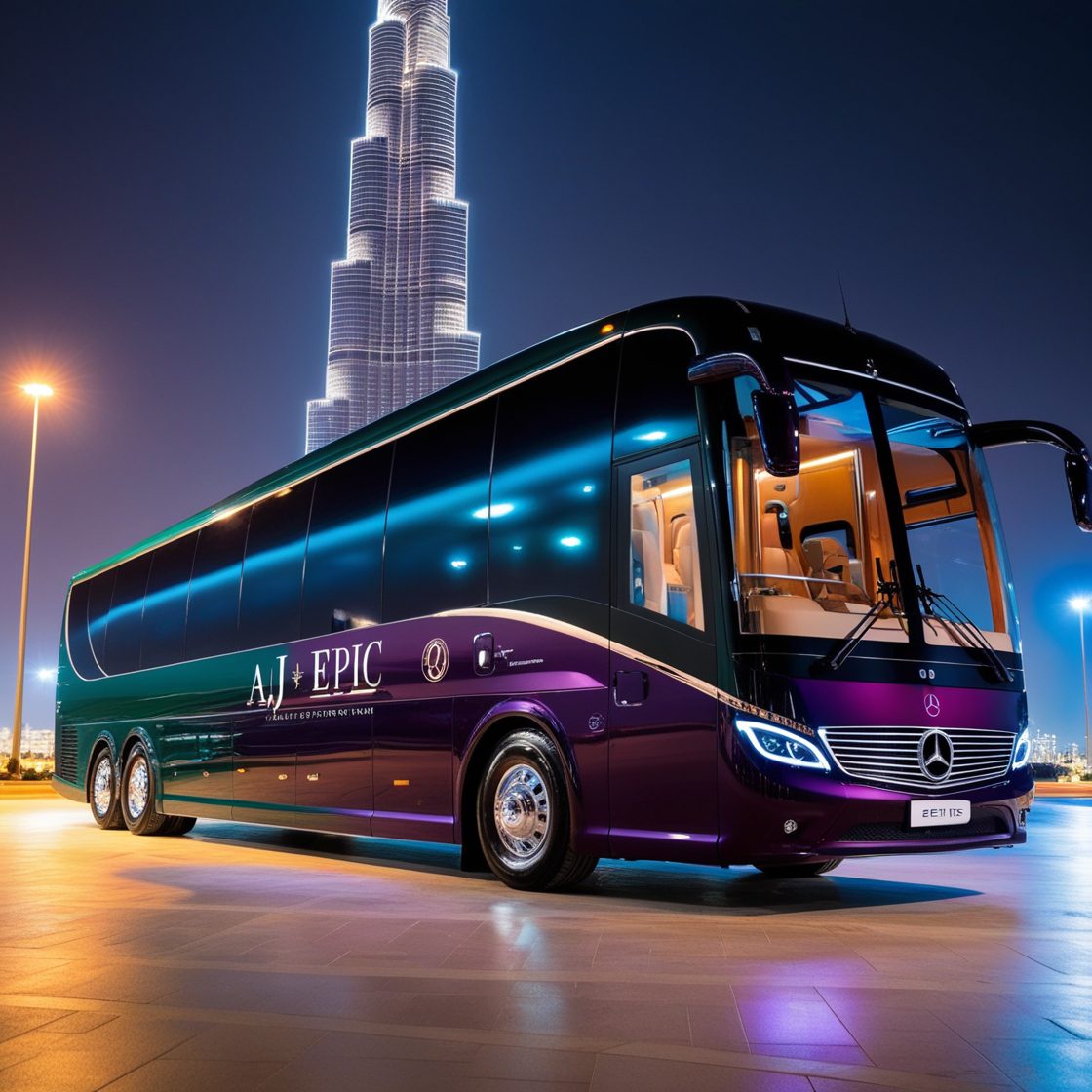 Luxurious Mercedes bus parked in Dubai with AJ EPIC branding, showcasing a stunning view of the city.