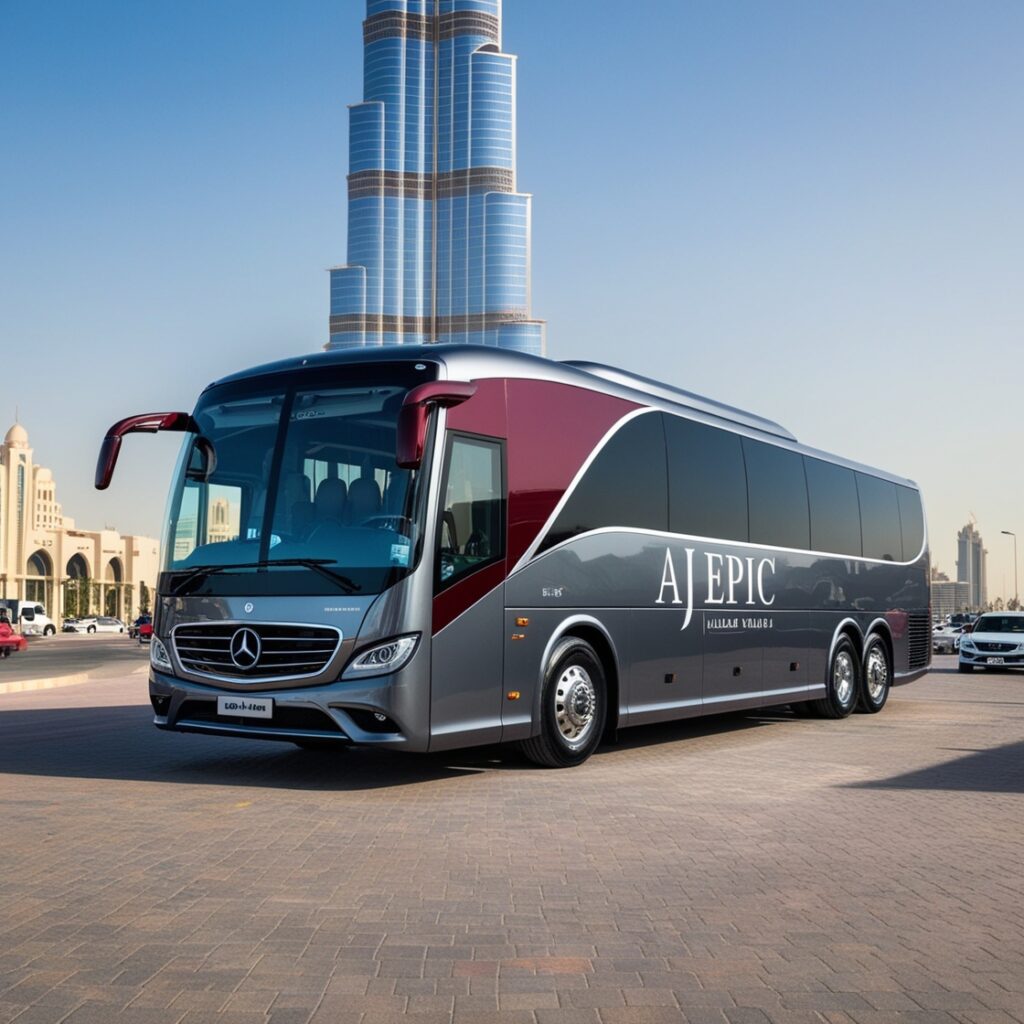 Luxury bus parked in front of the Burj Khalifa with stunning views.